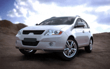 a white suv is parked on a dirt hillside