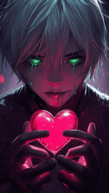 a person with green eyes is holding a red heart in their hands