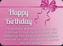 a pink birthday card with a bow and the words `` happy birthday '' on it .