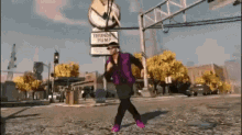 a man in a purple vest is walking down a street in front of a sign that says thunder pump