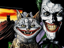 a cat is smiling next to a joker and batman in a cartoon .