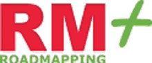 the logo for rm + roadmapping is red and green with a green cross .