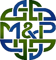 a green and blue logo with the letters m and p