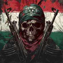 a drawing of a skull holding guns with a flag in the background