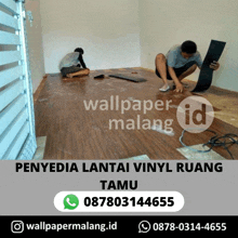 a poster for wallpaper malang shows two men installing a vinyl flooring