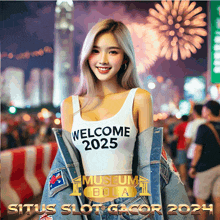 a woman wearing a white tank top that says welcome 2025 on it