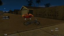 a screenshot of a video game shows a person riding a bike on a street