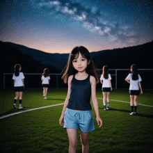 a girl in blue shorts stands in front of a group of girls on a field