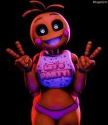 chica from five nights at freddy 's is wearing a let 's party shirt and giving a peace sign .