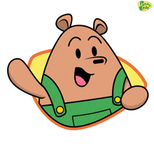 a cartoon drawing of a brown bear wearing green overalls and the words pants bear on the bottom