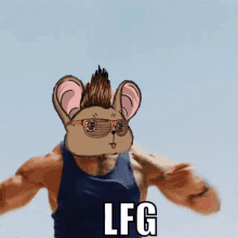 a cartoon mouse wearing sunglasses and a blue tank top with the word lfg on it