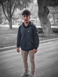 a young man wearing a tommy hilfiger hoodie and khaki pants