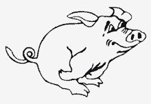 a black and white drawing of a pig jumping