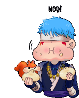 a cartoon of a man with blue hair holding a squirrel and the word nod below him