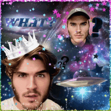 a man wearing a ny hat and a crown is surrounded by stars and a question mark