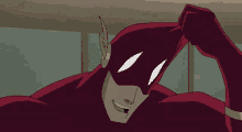 a close up of a cartoon character wearing a red superhero suit