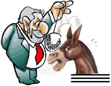 a cartoon of a man pointing at a donkey with the word credibility written on it