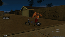 a screenshot of a video game shows a person riding a bike on a street at night