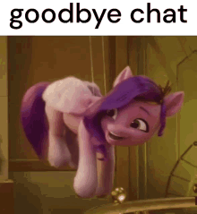 a picture of a pony with purple hair and the words goodbye chat