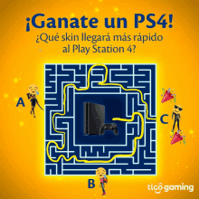 an advertisement for tigo gaming shows a maze with a ps4 in the middle