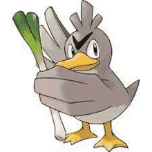 a duck is holding a bunch of green onions in its hands .