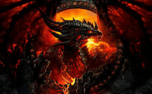 a black dragon with red eyes is surrounded by flames and rocks .