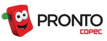 a logo for pronto copec shows a red block with a face on it