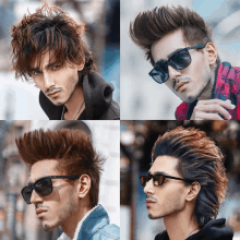 a collage of four men with different hairstyles wearing sunglasses