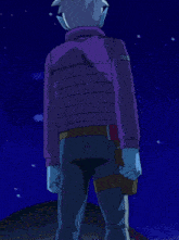 a cartoon character with blue hair and a purple jacket stands in front of a night sky