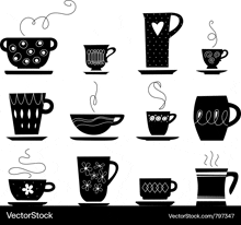 a set of black and white silhouettes of different types of cups