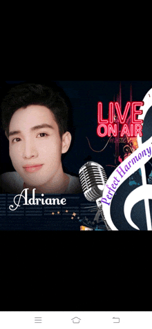 an ad for adriane perfect harmony live on air music