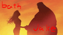 a silhouette of a woman holding a man 's hand with the words beth and jake above them