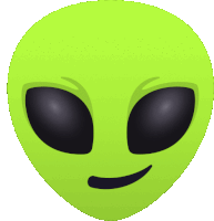 a green alien face with black eyes and a smile on its face