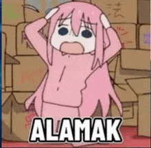 a pink anime girl is standing in front of a pile of boxes .