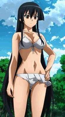 a girl with long black hair is wearing a white bikini top and white underwear