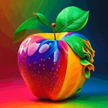 a colorful apple with a green leaf and a rose on it