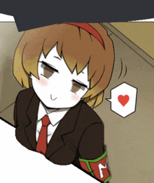 a girl in a suit and tie has a red heart in a speech bubble with the letter m on her arm