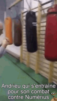 a man is holding a punching bag in a gym with the words andreu qui s ' entraine pour son combat contre numerius