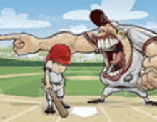 a cartoon of a baseball player pointing at another player on a field .