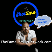 a man is sitting in front of a logo for shottime