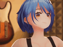 a close up of a girl with blue hair and a guitar in the background