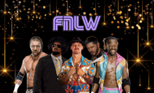 a group of wrestlers are standing in front of a sign that says fnlw