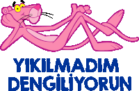 a pink panther laying down with the words " yikilmadim dengiliyoun " below him