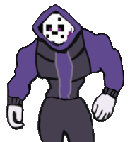 a cartoon character is wearing a purple hoodie with a skull on it