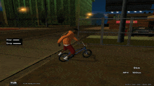 a screenshot of a video game shows a person riding a bike on a street