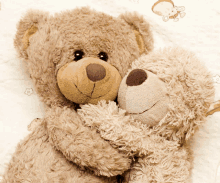 two teddy bears hugging each other on a bed