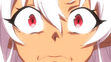 a close up of a anime character 's face with red eyes