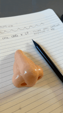 a nose shaped eraser sits on top of a notebook