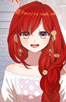 a girl with red hair and blue eyes is wearing earrings