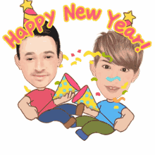 two men wearing party hats with the words happy new year